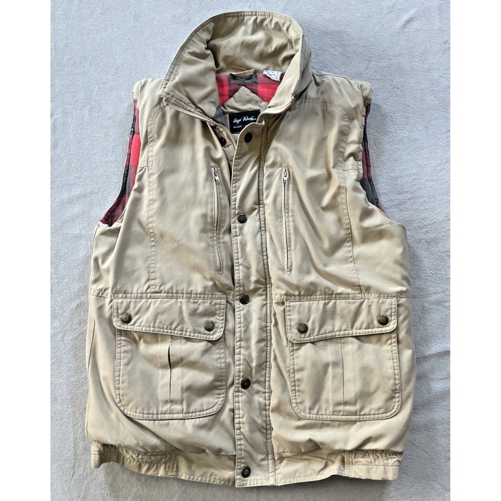 Hugo‎ Valentino Utility Vest Mens Small Tan Flannel Lined Plaid Pockets Outdoor